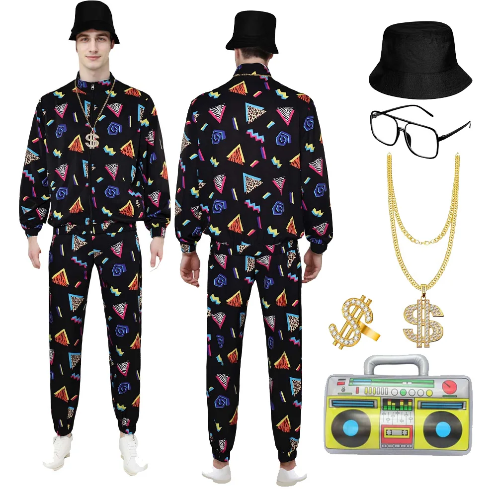 

80s 90s Retro Stage Performance Cosplay Sportwear Hat Hip Hop Costume Necklace Jacket Pants Men Halloween Carnival Party Suit