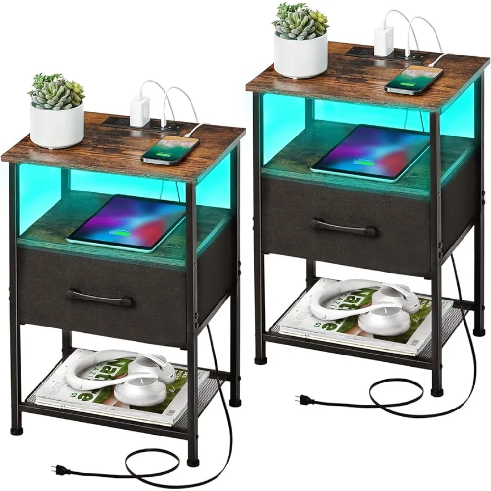 

Nightstands Set of 2 With Charging Station and Drawer Bedside Table Bedroom Furniture Home