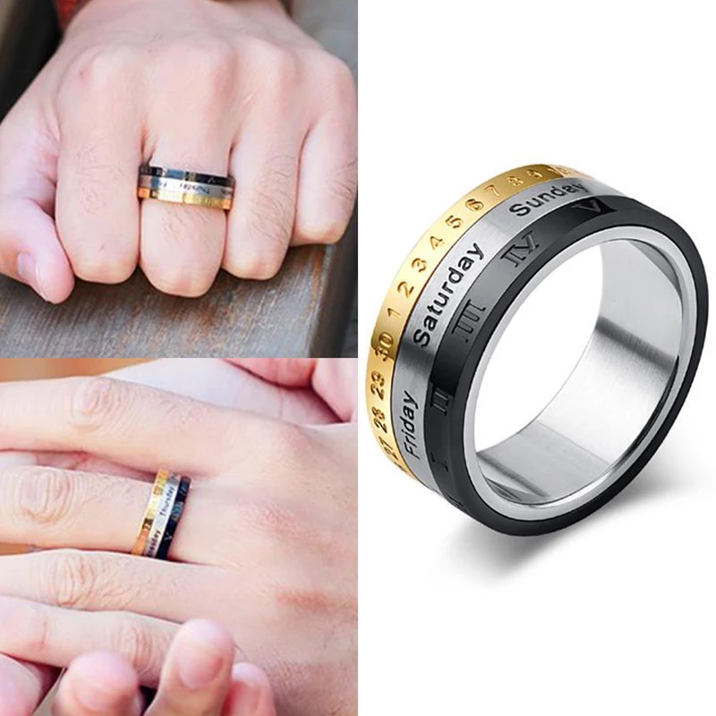 Finger Ring Titanium Steel Cool Punk Spinner Male Date Time Calendar Creative Rotatable 3 Part Roman Numerals Anxiety Fidget Rings