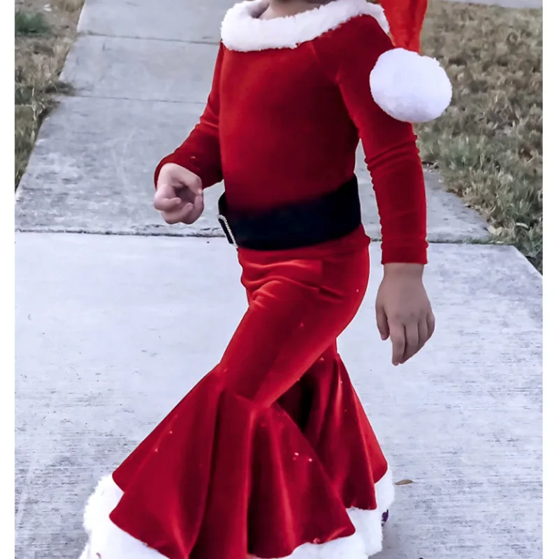 Girls Christmas Cosplay Long Sleeve Bell Bottom Velvet Suit Carnival Party Santa Claus Costume For 2-10 Years