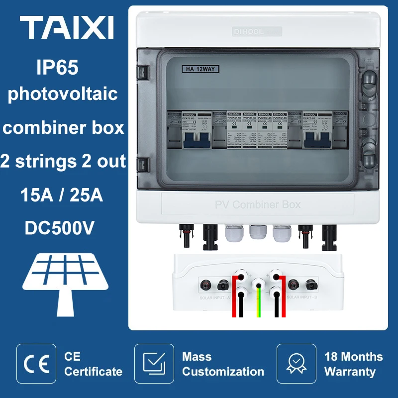 

Солнечная фотоэлектрическая комбанирующая коробка 2 струны в 2 out 15A 25A DC500V с защитой от вспышки Водонепроницаемая коробка IP65