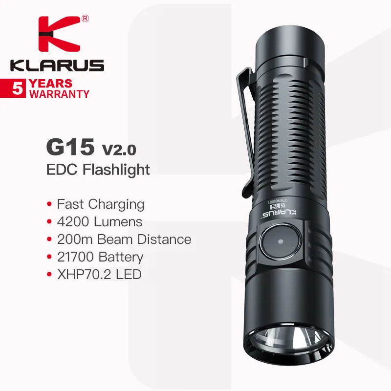 Klarus G15 V2.0 휴대용 EDC 손전등, 4200 루멘 200m 빔 거리, 21700 배터리, 빠른 충전식, 캠핑, 하이킹용