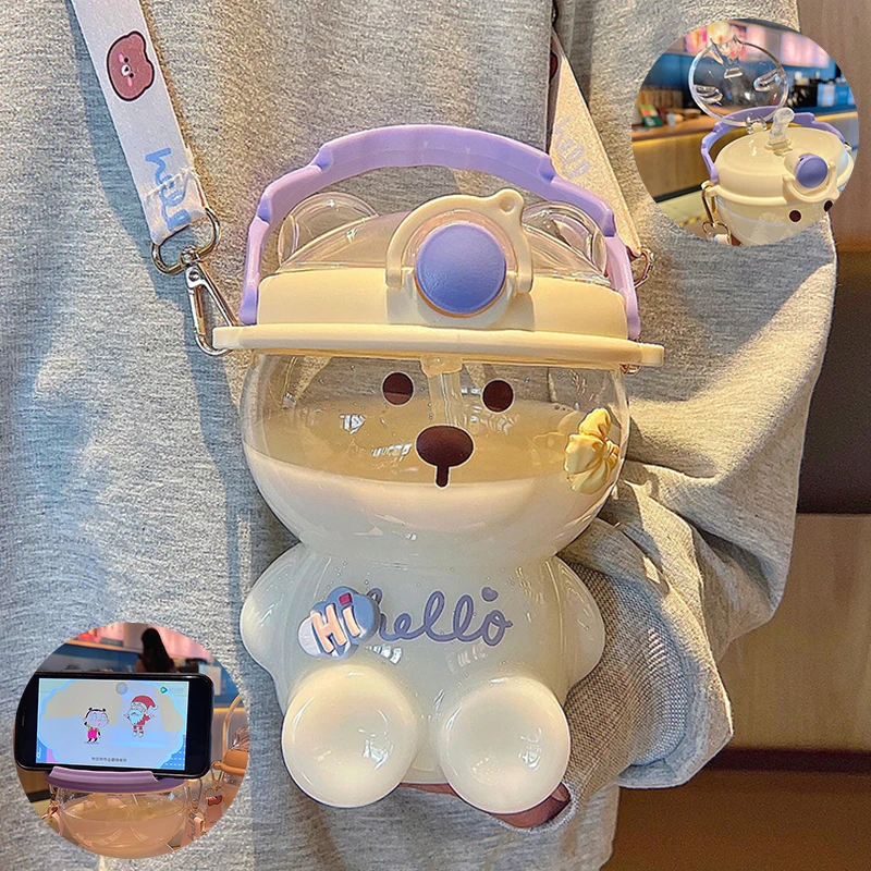 

1l Cute Bear Water Bottle for Girls with Straw Items Travel Creative Large-capacity Children's Water Bottle with Straw Plastic