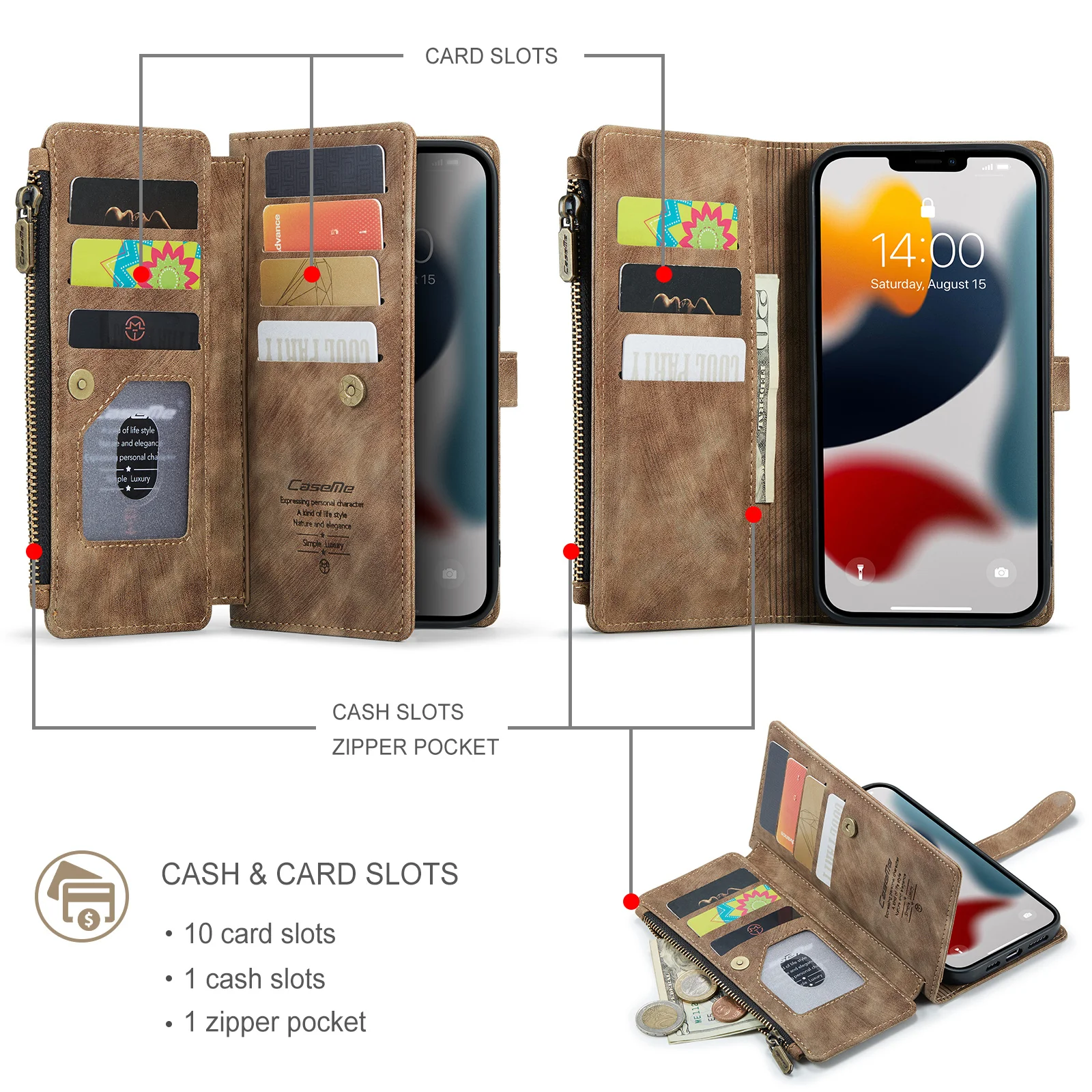 Zipper Wallet Flip Phone Case For iPhone 15 14 13 12 Mini 11 Pro XS Max XR X 8 7 Plus Purse Card Holder Stand Leather Cover