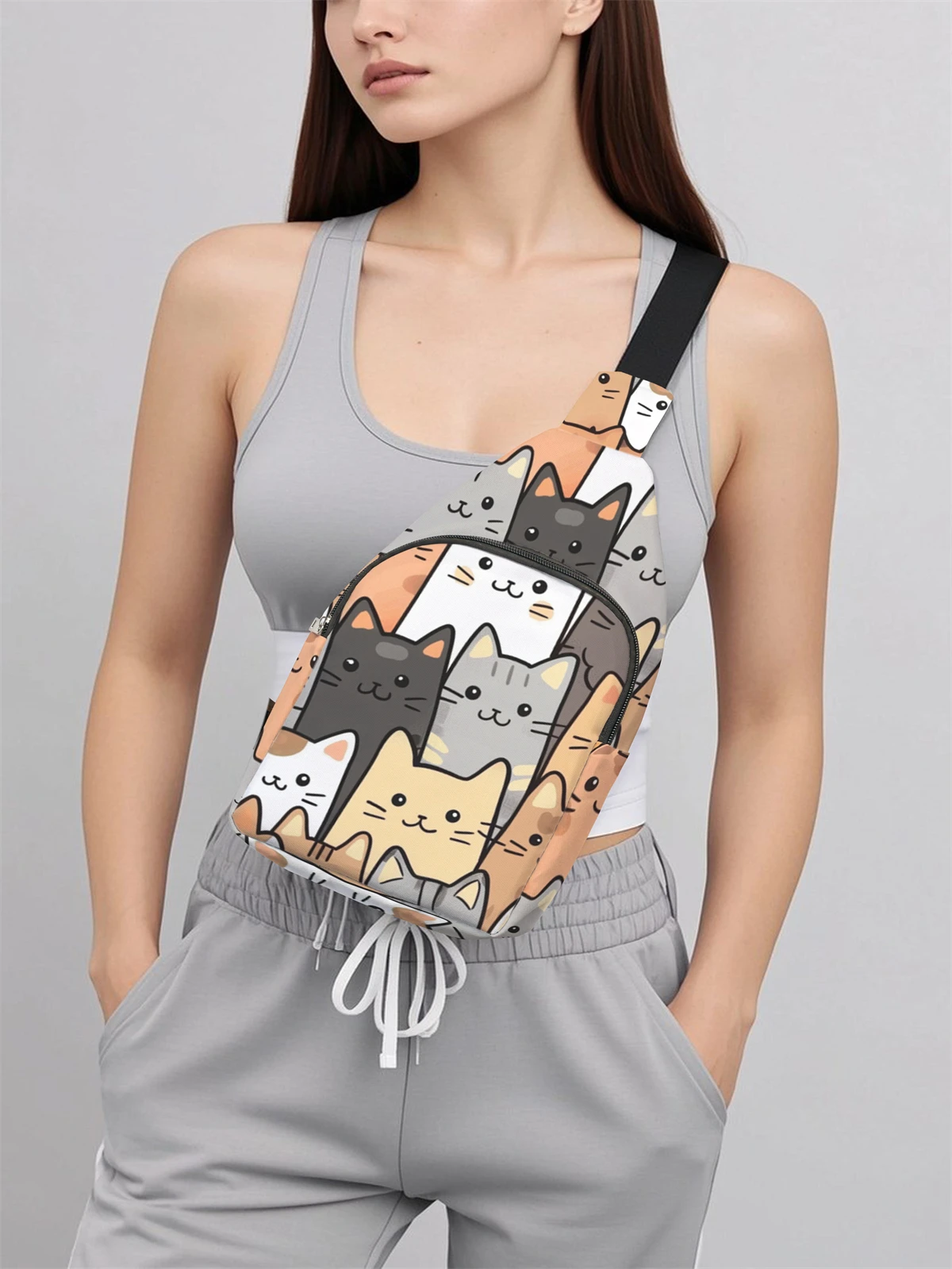 Cat pattern chest bag, multifunctional, lightweight, simple chest bag, suitable for travel and school