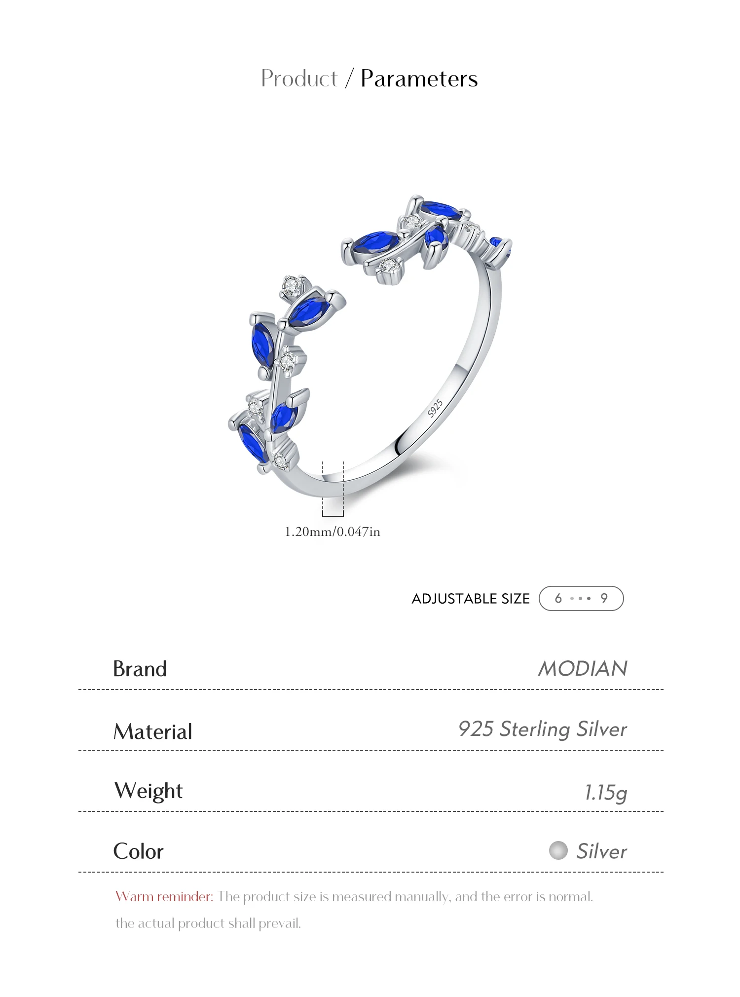 MODIAN Sparkle Royal Blue Zirkon Ringe 925 Sterling Silber Mode Blätter Offene Größe Finger Ringe Für Frauen Edlen Schmuck – Detail 4