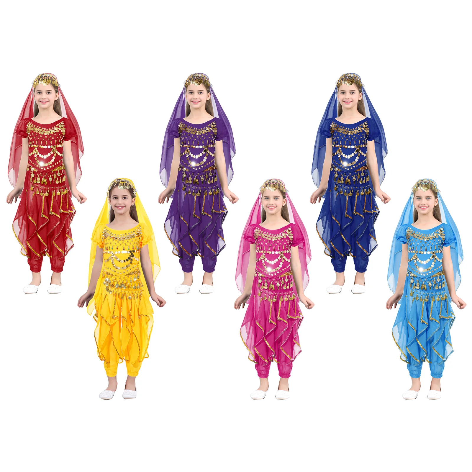 Kids Girls Belly Dance Costumes 4Pcs Outfit Lace-up Puff Sleeve Crop Top+Ruffled Pants+Hip Scarf+Headscarf Belly Dancing Clothes