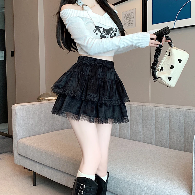 y2k Mini Skirt Women Coquette Clothes Lolita Fairycore High Elastic Tiered Ruffle Skirts Goth Lolita Skirts Streetwear