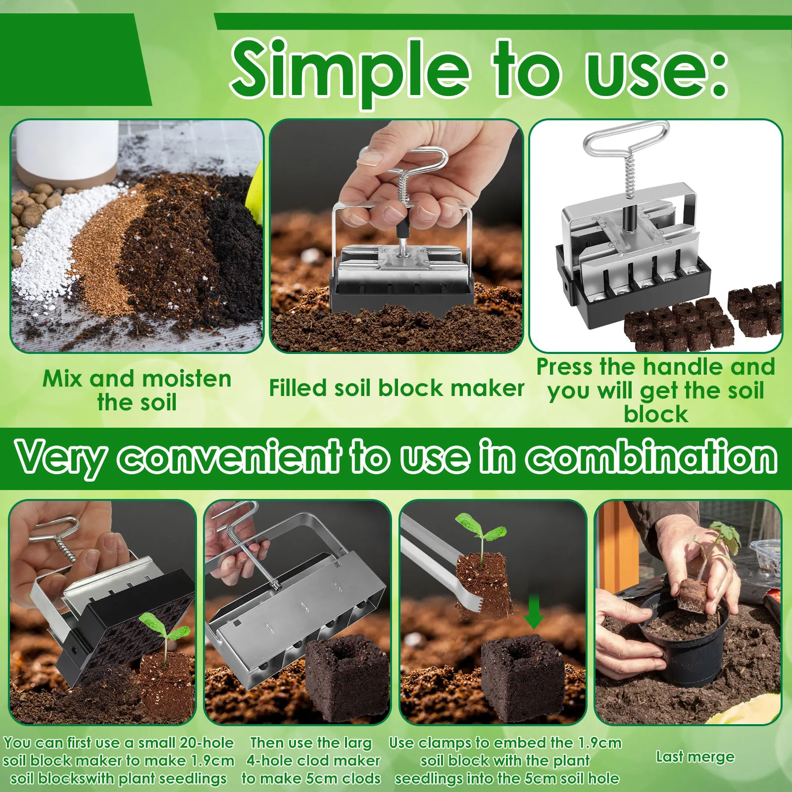 2Pcs Soil Blocker 4 Cell / 20 Cell Soil Block Maker with Clip Handheld Seed Block Maker Tool with Handle Rustproof