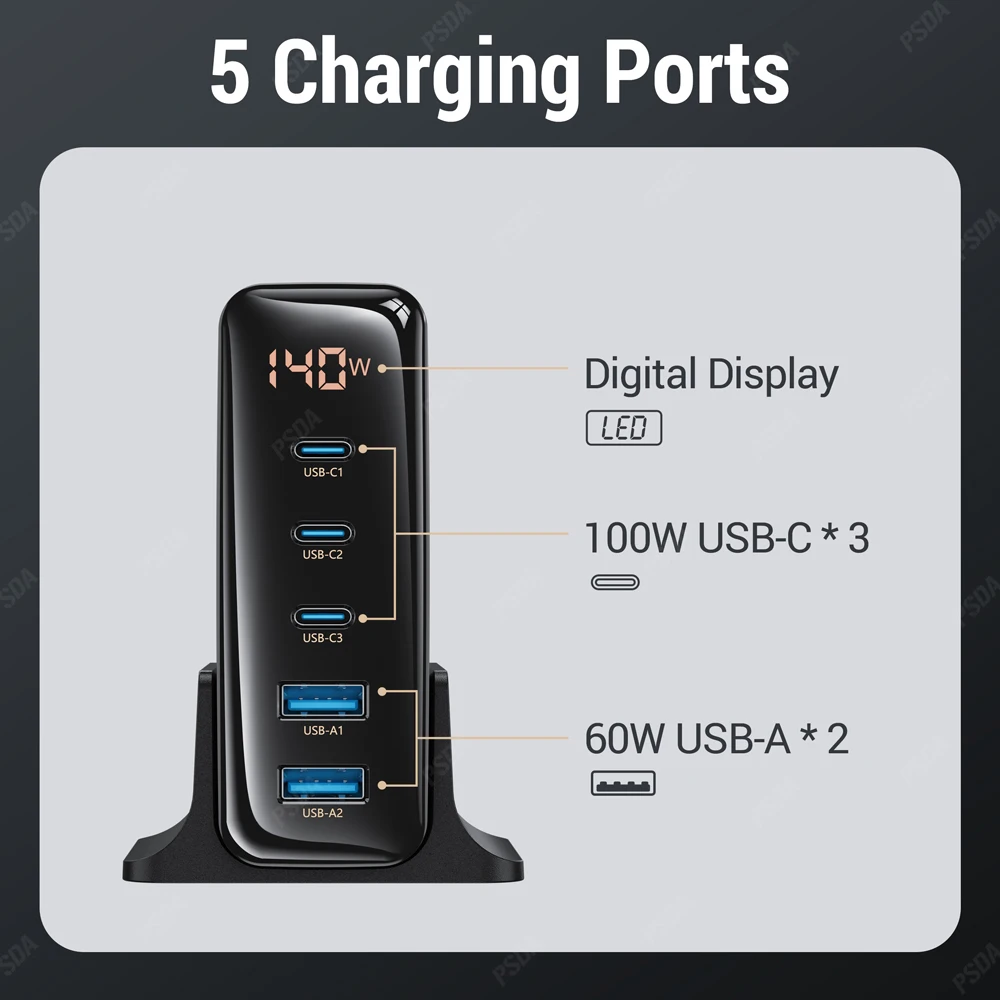 ƺ Ʈ  е Ｚ PSDA 3D 140W GaN USB , 3 USB C + 2 USB A Ʈ, 100W PD3.0 PPS AFC  