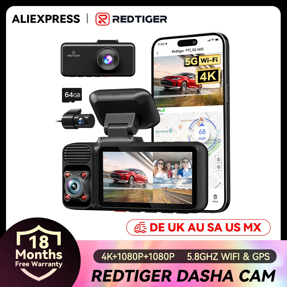 Redtiger F17 4k 3 Car Cameras 5.8Ghz Wifi Dash Camera For IR Night Vision Car Dvr For Wifi Dash Cameras Built-In Gps WDR