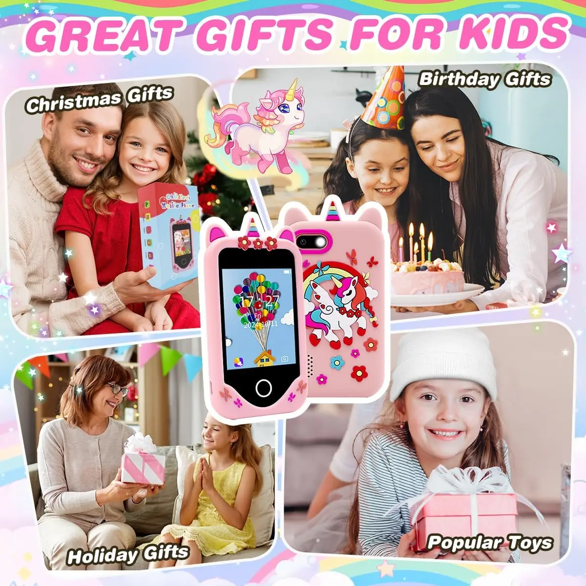 어린이 카메라 장난감 전화 어린이 스마트 폰 게임 음악 플레이어 32GB 카드 소녀 소년 학습 장난감 크리스마스 생일 선물.