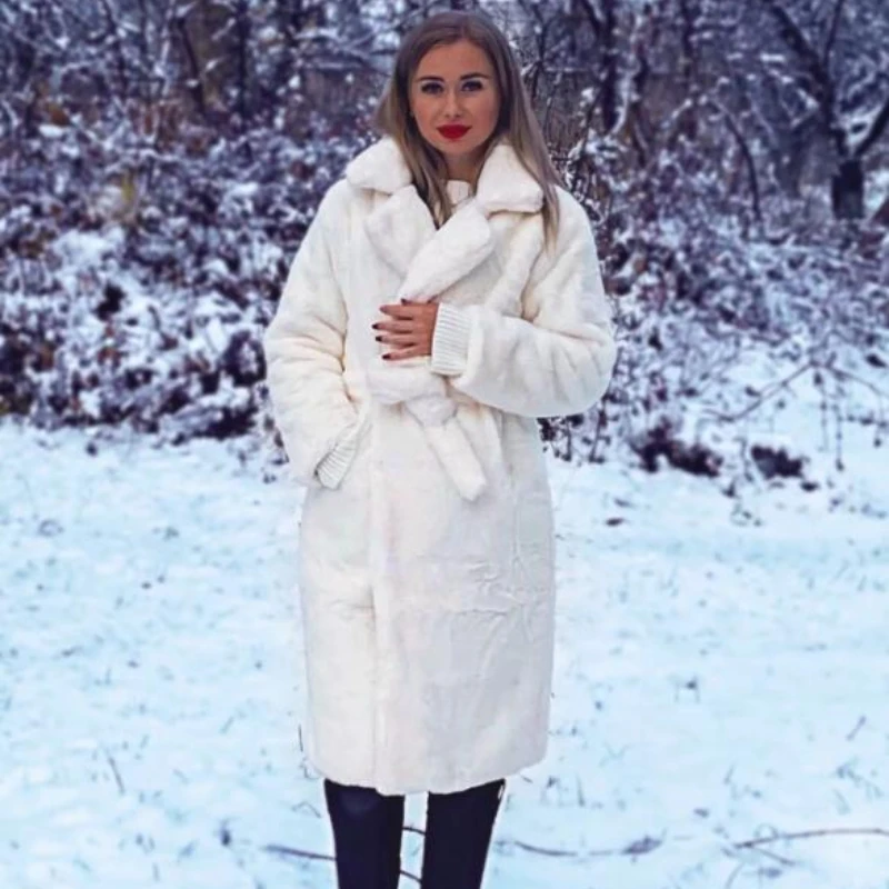 Winter Women High Quality Faux Rabbit Fur Coat Luxury Long Fur Coat Loose Lapel OverCoat Thick Warm Plus Size Female Plush Coats 4