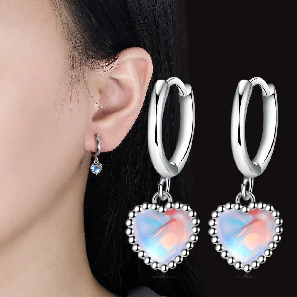 Vintage 925 Sterling Silver Opal Heart Ear Buckles for Women Elegant Classic Hoop Earrings Fine Jewelry Wedding Gift