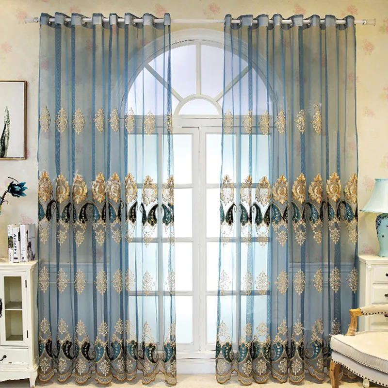 1PC Custom Size European Blue Tulle Embroidered Luxury Sheer Curtains for Living Room Bedroom Dining Decor Window Blackout