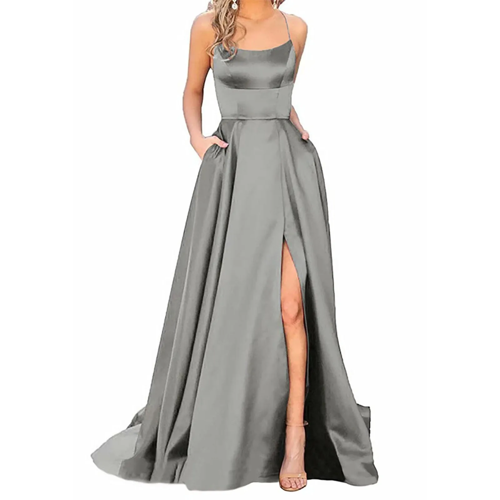 thumbnail image 1 of Vestido de fiesta de noche largo sin espalda sexy morado con abertura lateral vestido maxi para mujer línea A tirantes finos satén vestidos de fiesta formales vestido, 1 of 5