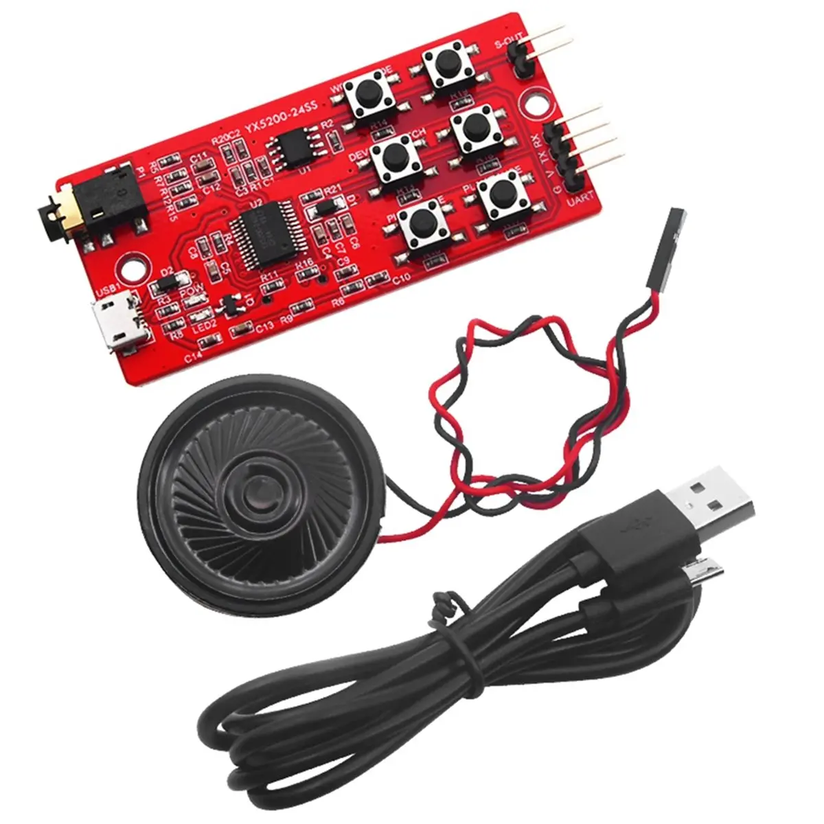 XB-YX5200-24SS TF 카드 슬롯이 있는 MP3 음성 모듈 +스피커+Arduino 및 Raspberry Pi 프로젝트용 마이크로 USB UART 포트 DIY 키트