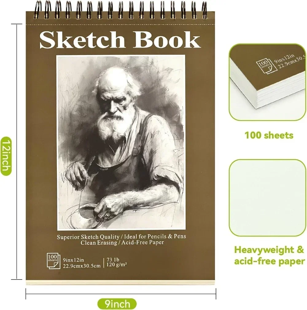 Sketchbook - 9"x12" spiral bound drawing board, 1 pack of 100 sheets, acid-free paper 2