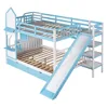 Playhouse Style Bunk Size with Slide and 2 Drawers for Kids Teens, Solid Wood Bunk Bed Frame with Storage Stairs and Shelves 4