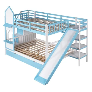 Playhouse Style Bunk Size with Slide and 2 Drawers for Kids Teens, Solid Wood Bunk Bed Frame with Storage Stairs and Shelves 4