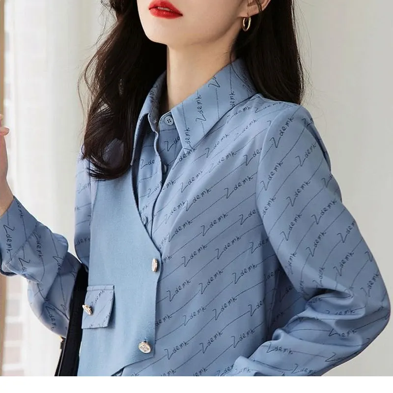 Commute Stylish Patchwork Asymmetrical Blouse Women's Clothing Casual Letter Printed 2023 Spring Autumn Korean Long Sleeve Shirt