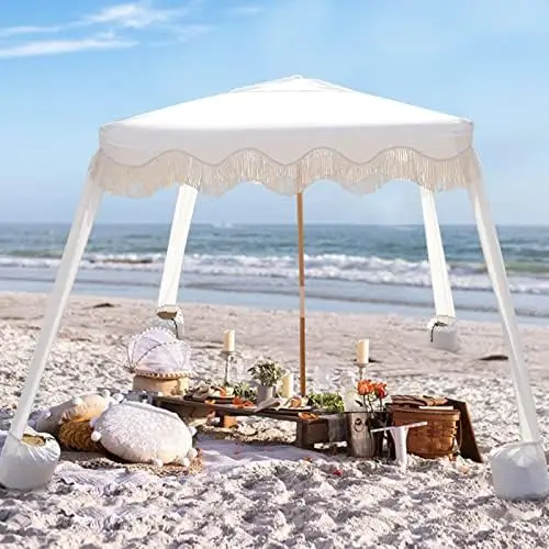 

Beach Cabana with Fringe, 6'×6' Bobo Beach , Easy Set up & Premium Wood Pole, Cool Cabana with Sand Pockets, Instan Sun shade f
