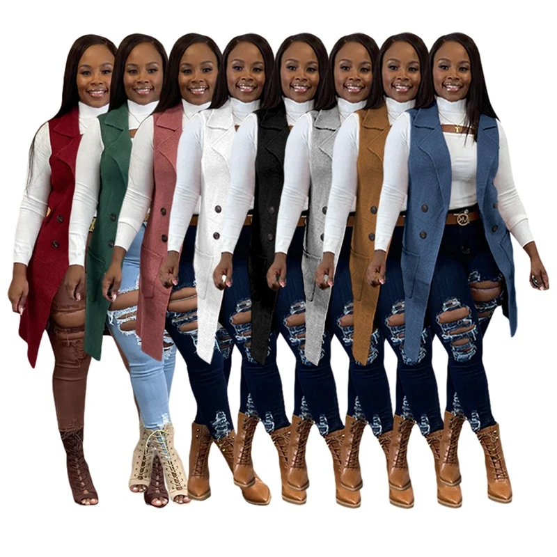 Women Solid Knitted Rib Sleeveless Vest Double Breasted Notched Neck Oversized Sweater Cardigan Vest Casual Outwear Trench