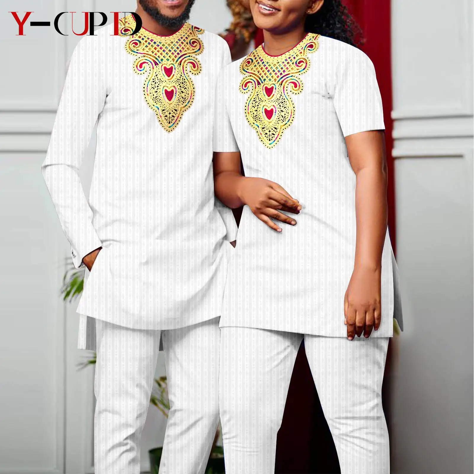 Bazin Riche African Clothes for Couples Women Jacquard Top and Pants Sets Matching Men Outfits Kaftan Party Outwear Y23C035