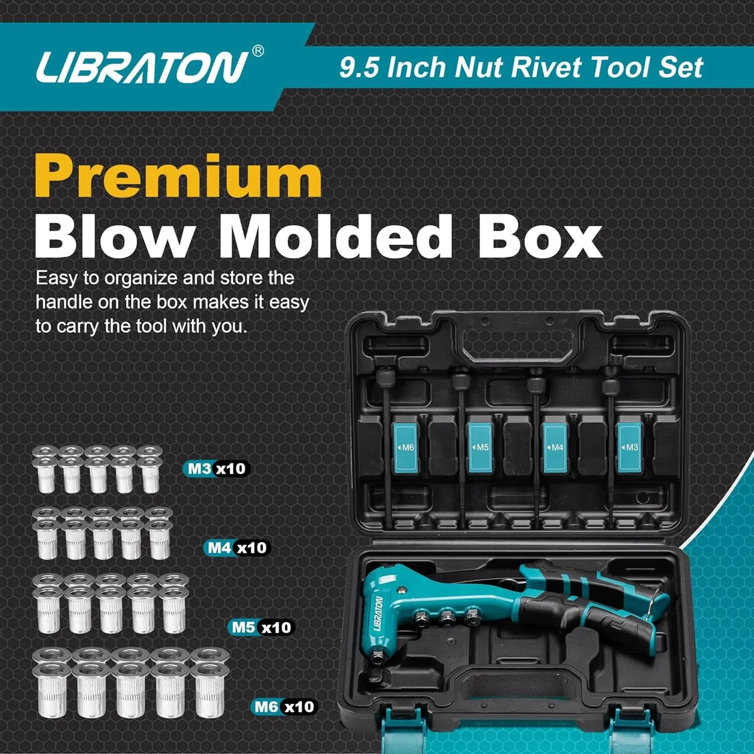 Rivet Nut Tool LIBRATON Rivet Nut Tool One-Handed Rivet Nut Gun Hand Setter with Threaded Nuts Metric Interchangeable Mandrels
