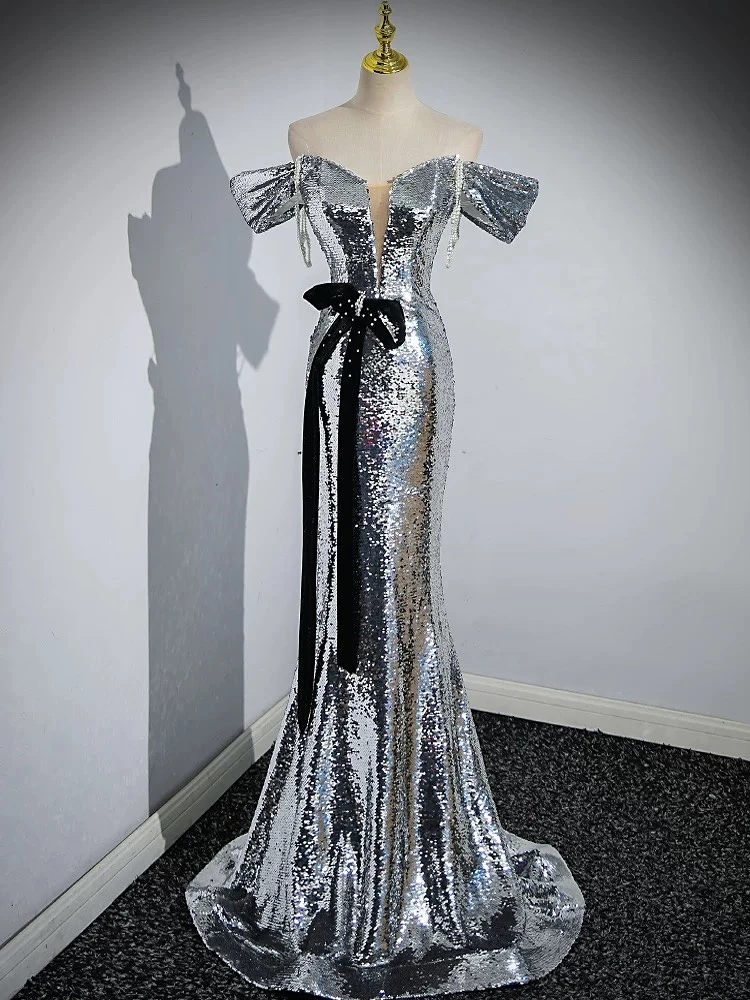 Silver Sequin Mermaid Evening Dress for Women Sexy Off The Shoulder Bow Beading Backless Fishtail Formal Celebrity Party Gowns