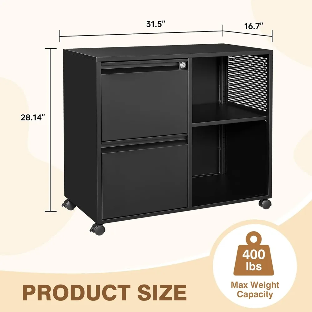 lateral 2 drawer filing cabinet with lock, mobile file cabinet on wheels, printer stand with storage for legal/letter/a4 file fo