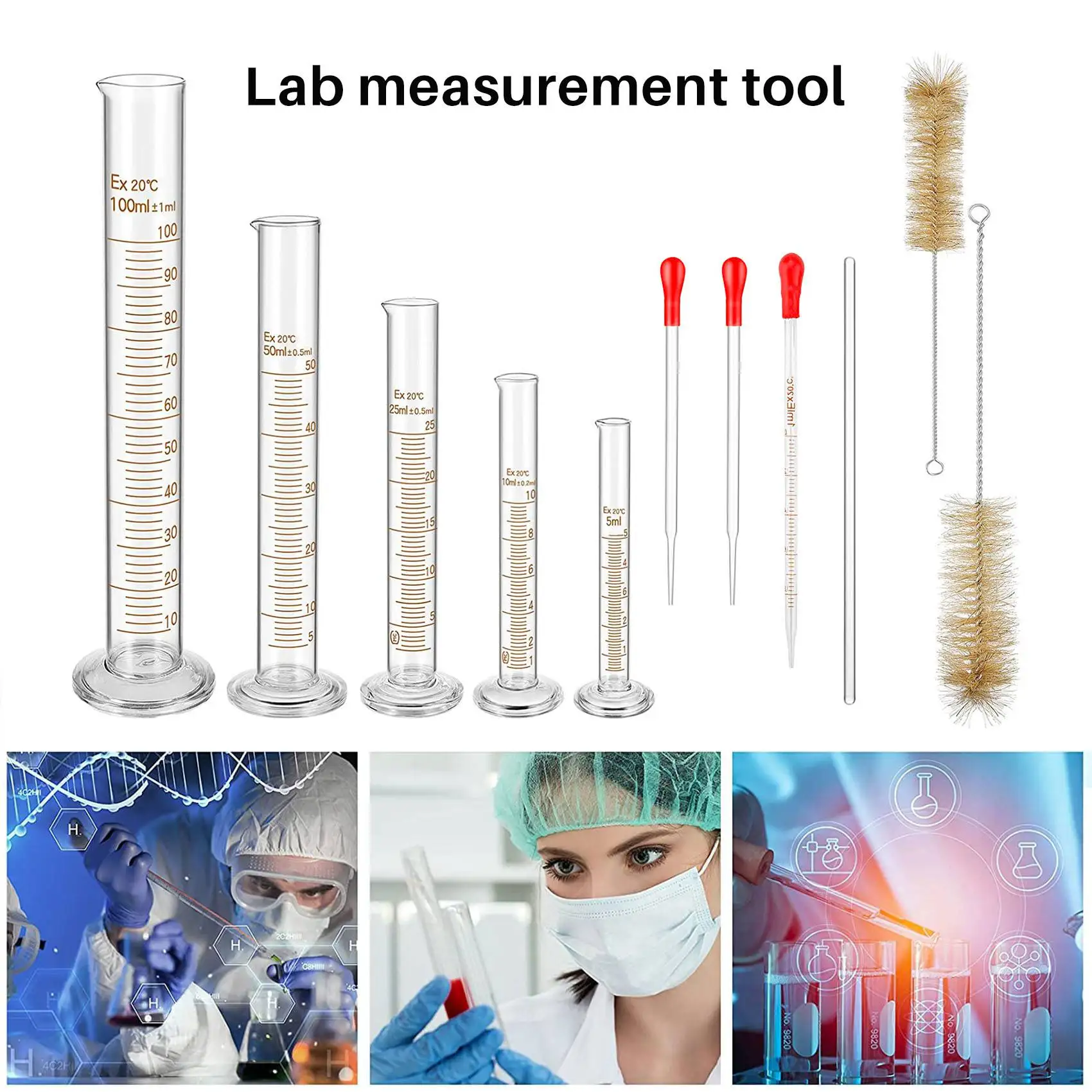 Glass Graduated Measuring Cylinders Set Premium Borosilicate Cylinders Kit 3 Pipettes + 2 Brushes + 1 Stirring Rod