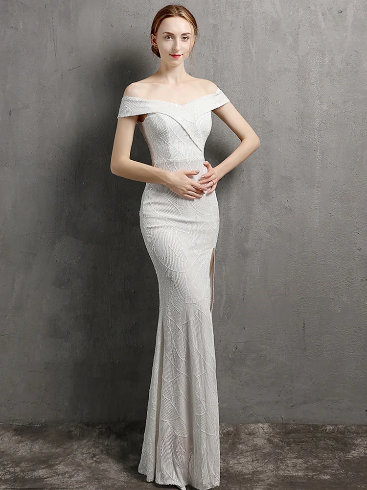 Slash Neck Sexy Cocktail Dress Sequins Side Split Slim Party Gown XUCTHHC New Short Sleeve Formal Women Robe De Soriee