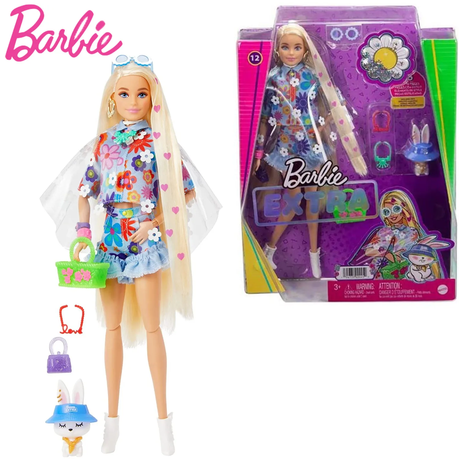 

Barbie Extra Doll #12 in Floral 2-Piece Fashion & Accessories with Pet Extra-Long Blonde Hair Flexible Joints Barbie Toy HDJ45