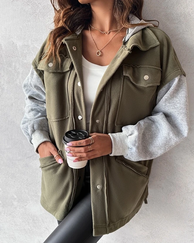 Fashion Womens Hooded Jacket 2023 Autumn Winter Colorblock Pocket Design Long Sleeved Buttoned Jacket Daily Casual Jacket