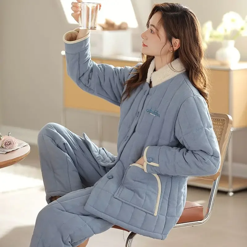 Winter New Women Pajamas Female Three-layer Cotton Loungewear Warm Plush Thickening Sleepwear Loose Solid Color Homewear Set