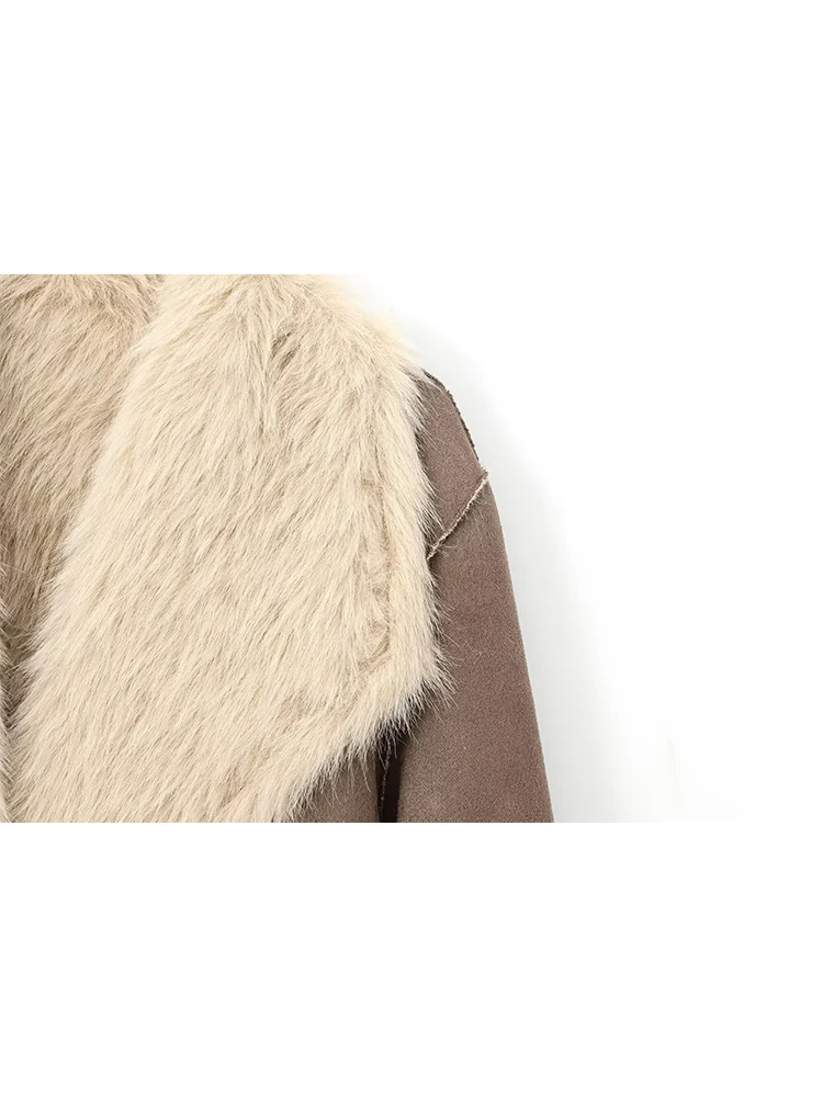 Women Winter Warm Jacket Coat New Loose Reversible Design Faux Fur Effect Long Sleeve Lapel Pocket Decorate Coat Casual Outwear