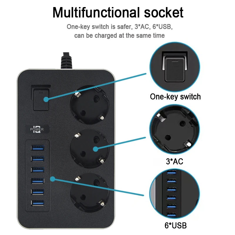 EU Plug AC Outlet Power Strip Multitap Smart Home Extension 2M Cord Electrical Socket With 4 USB Ports Multiprise Network Filter