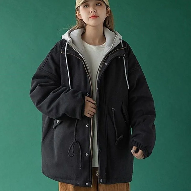 American Retro Fake Two Hooded Coat Women 2023 Winter New Plus Cotton Thickened Cotton Jacket Loose Korean Version Solid Color