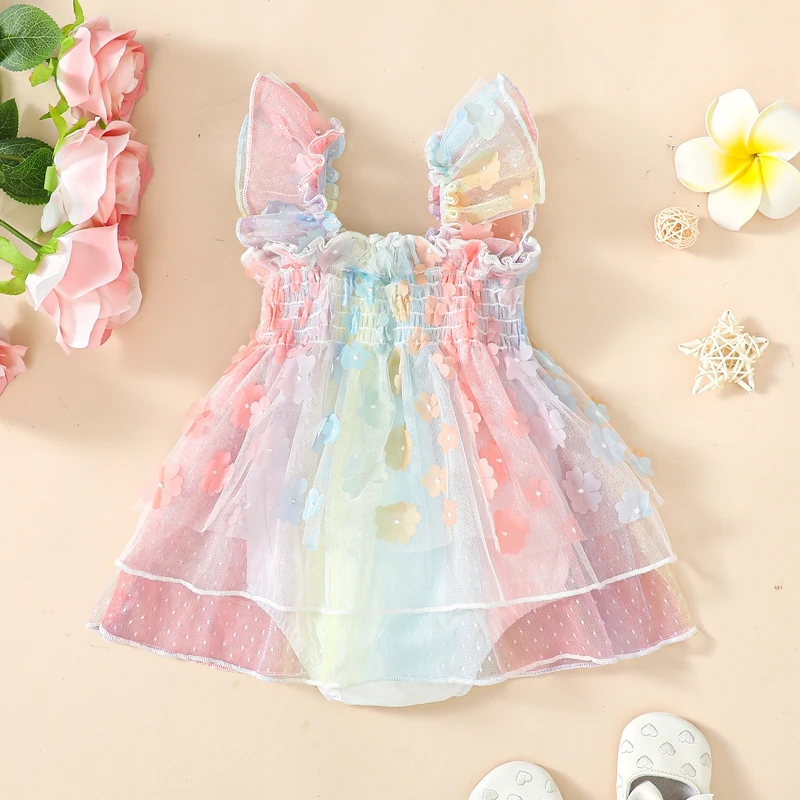 

Endorothii Baby Girls Floral Tulle Fairy Romper Dresses Sleeveless Ruched Summer Casual Sisters Matching Outfits