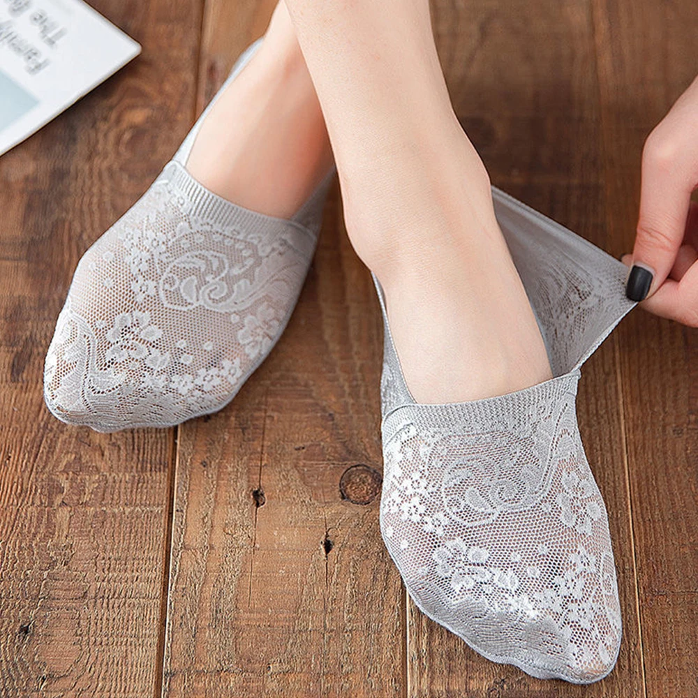 5Pairs Women Silica Gel Lace Boat Sock Sexy Invisible Cotton Sole Non-slip Fashion Breathable Slippers Cute Girl Ankle Sock Gift