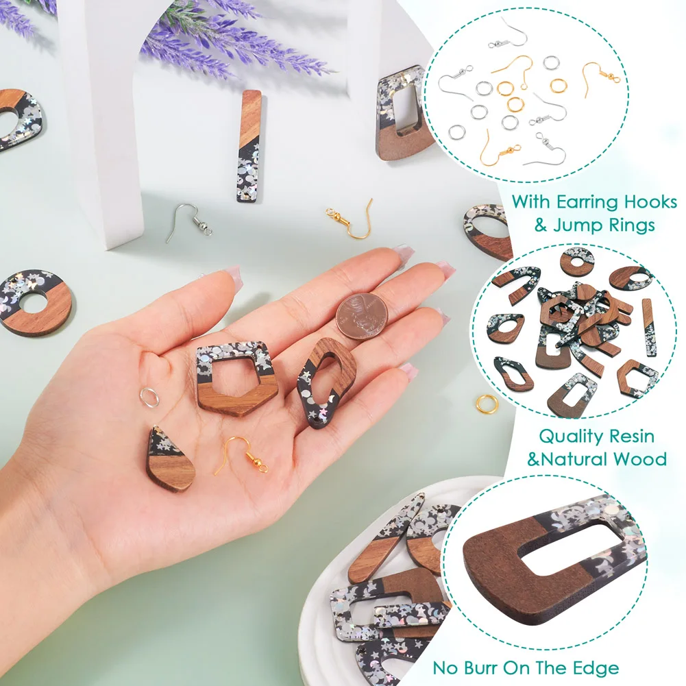20pcs Resin & Walnut Wood Pendants Wood Charms with Brass Earring Hooks for DIY Dangle Earring Making Kit Accessories