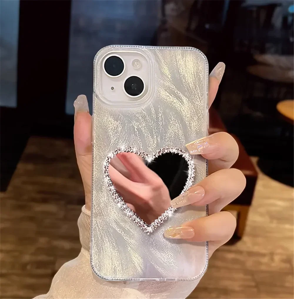 Luxury Diamond Heart Mirror Phone Case - Laser Shockproof Soft Silicone Back Cover