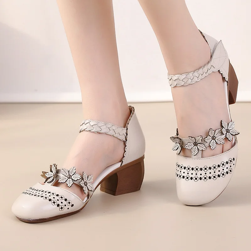fashion summer sandals women genuine leather shoes sandals high heel summer beach hollow Flowers Female retro sandals women