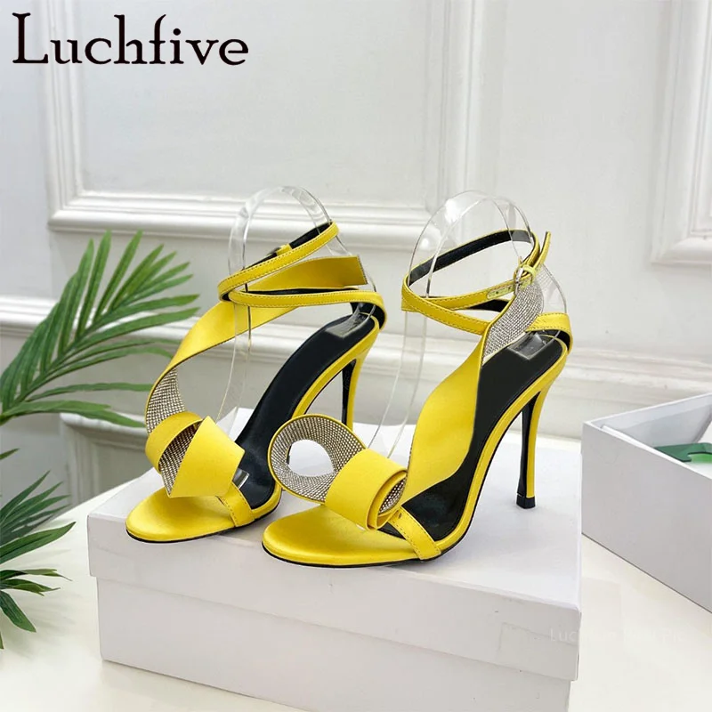 

2023 Summer New Satin Thin High Heels Women Sandals Open Toe Ankle Strap Pumps Party Wedding Shoes Sexy Runway Ladies Slippers