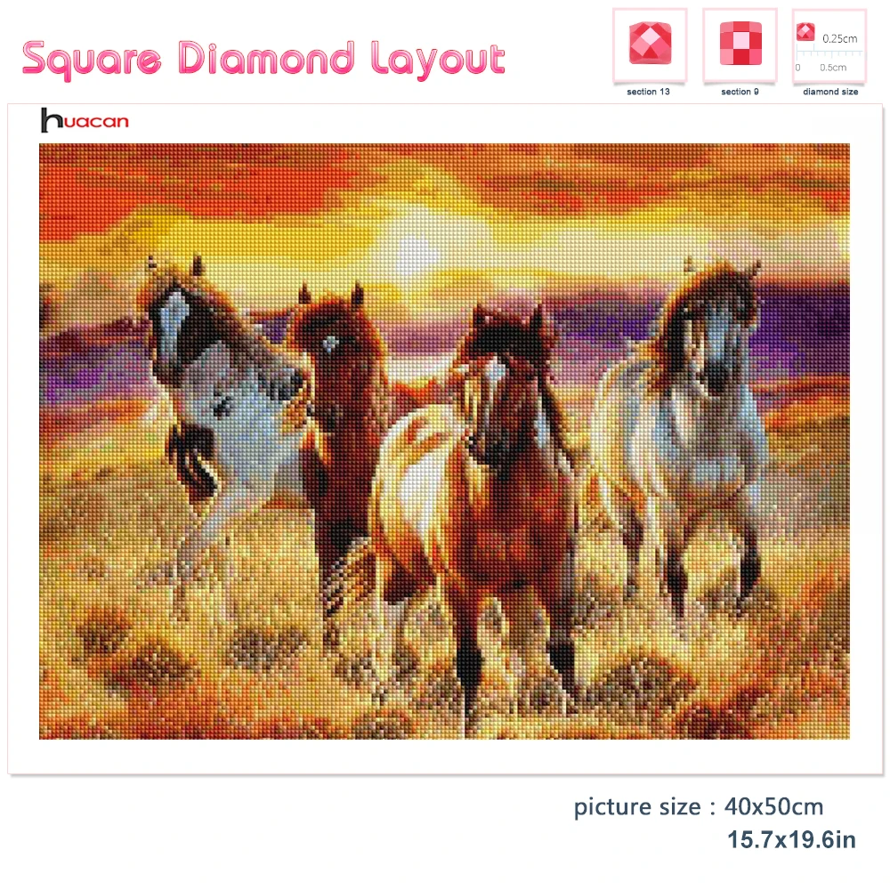 Huacan Diamond Painting Horse Sunset Scenery Wall Sticker 5d Diy Diamond Embroidery Mosaic Animal Natural Landscape Room Decor