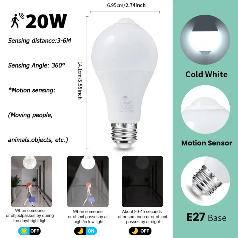 4PCS 20W 18W 15W 12W 9W 6WLampada LED E27 Radar Motion Sensor Light Bulb 189-265V Infrared Detection Smart Lamp Working in Night - Image 9