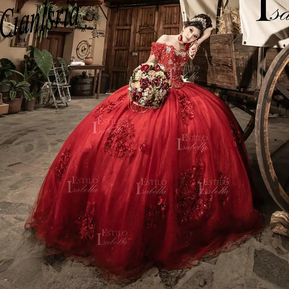 

Red 3D Flowers Appliques Lace Mexican Quinceanera Dress Ball Gown Off The Shoulder Beading Crystal Corset Vestidos De XV Anos