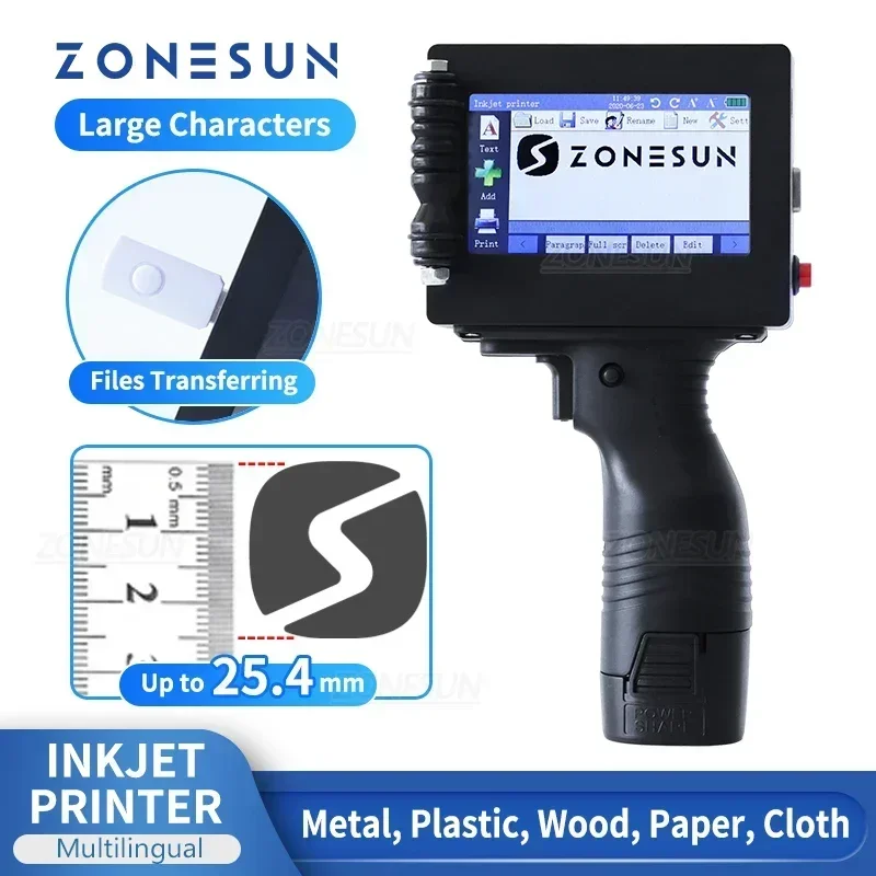 ZONESUN Handheld Inkjet Printer Portable ZS-HIP254 25.4mm QR Barcode Batch Expiry Date Serial Number Multilingual Digital