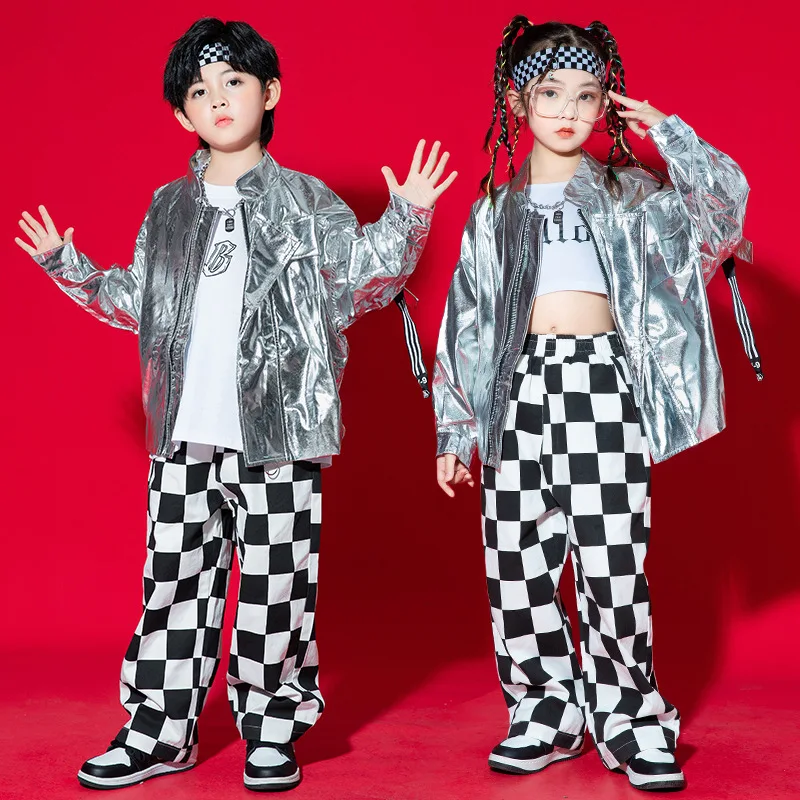 

Girls Boys Jazz Hip hop Street Dancer Shiny Leather Drum Costume Dancing Plaid Pants Performance Coat Tops Pants Show Wear